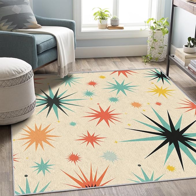 Retro Atomic Rug 5x8, Washable Mid Century Modern Rugs for Living Room Bedroom, Contemporary Geometric Area Rug for Home Decor, Non Slip Backing Floor Carpet with Gripper - 5 x 8 ft