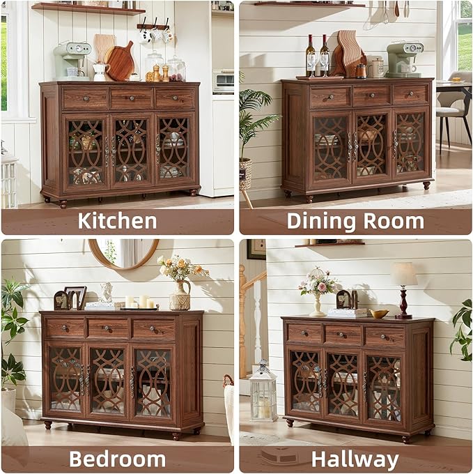 Farmhouse Sideboard Buffet Cabinet with Storage,48" Large Credenza with 3 Glass Doors & 3 Drawers,Adjustable Shelves Console Table,Wood Kitchen Coffee Bar for Dining Room,Living Room,Brown