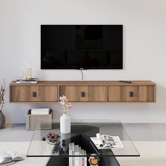 Solid Wood Floating TV Shelf, 71'' Wall Mounted TV Cabinet, Floating Shelves with 3 Doors, Wooden Mid-Century Entertainment Media Console Center Large Storage Under TV (Walnut)