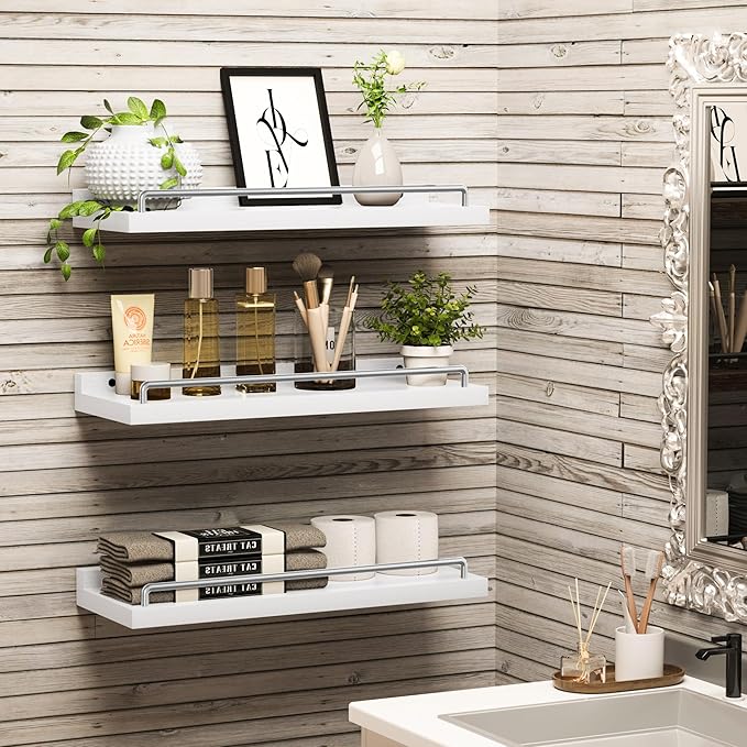 Floating Shelves for Wall Decor, White and Grey Shelves for Bathroom, Living Room, Bedroom, Picture Frames, Plants, Kitchen (Set of 3)