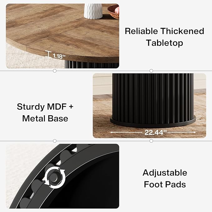 Tribesigns 47.24-Inch Black Round Dining Table for 4-6 People, Modern Fluted MDF + Metal Base Kitchen Table, Sturdy Circle Dining Room Furniture, Brown + Black