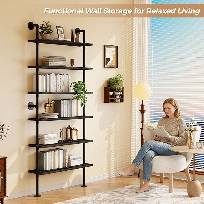 6 Tier Industrial Ladder Shelf Bookcase, Wall Mounted Rustic Bookshelf for Living Room Decor and Storage (Black, 6 Tier - 10" D x 36" W x 82.5" H)