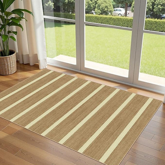 Striped 3x5 Entry Rug - Small Washable Indoor Outdoor Mats for Front Door Non-Slip Porch Rug Tan Beige Farmhouse Throw Rugs for Living Room Bedroom Entryway Kitchen Mudroom Office Porch Decor