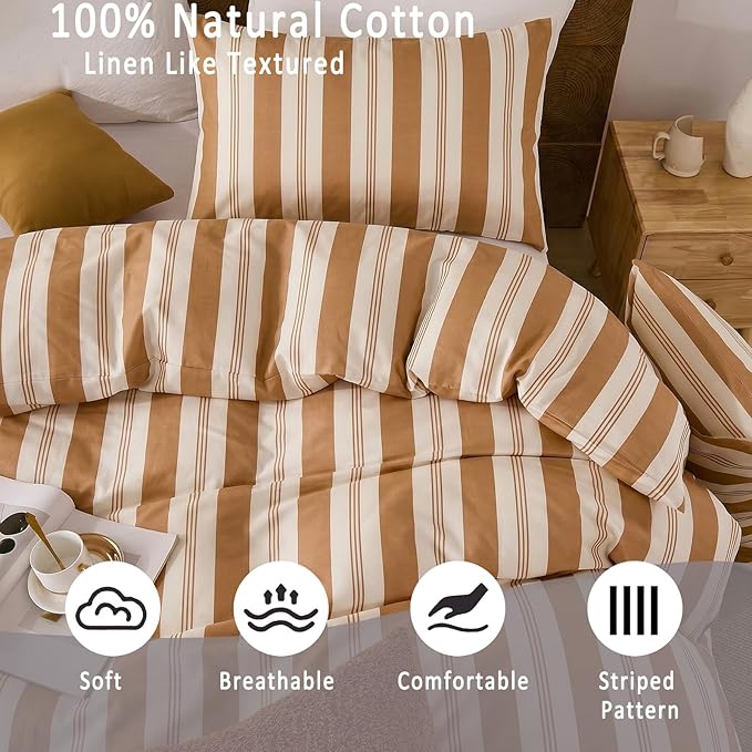 Merryword Khaki Striped Duvet Cover Set King Size, 100% Cotton Bedding Set with Zipper Closure & 8 Corner Ties, Awning Stripe Bedding, Soft Breathable Comforter Cover for All Seasons