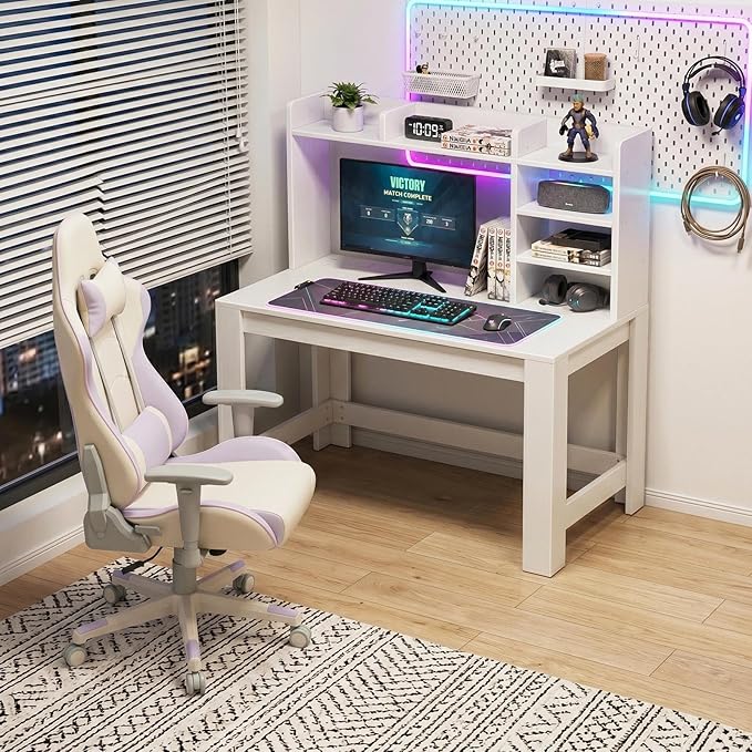 WINAZ White Computer Desk with Hutch and Power Outlet - 43 Inch Small Space Study Writing Table with Storage Shelves Monitor Stand, Modern Home Office Workstation Desks for Bedroom, Easy Assembly