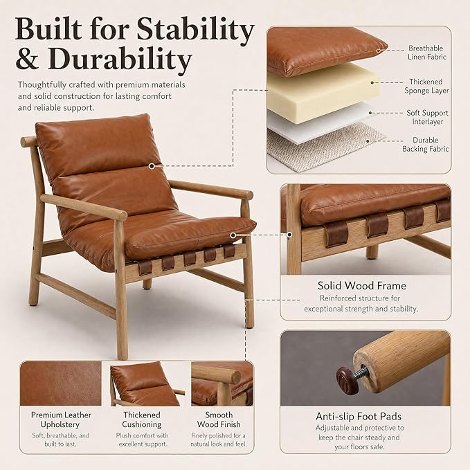 Faux Leather Accent Chair Mid Century Modern Living Room Chairs Comfy Arm Chair with Solid Wood Frame Upholstered Lounge Reading Chair Cozy Recliner for Guest Room/Bedroom, Brown, 7533AC