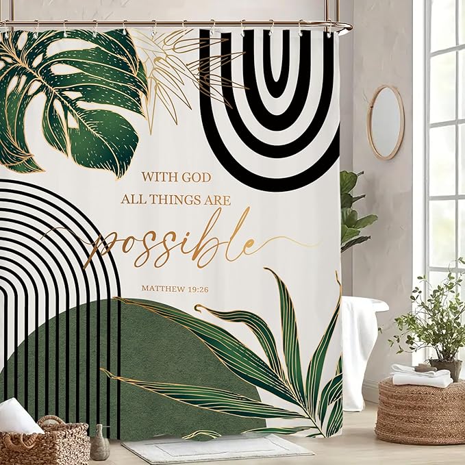 Miyotaa Emerald Sage Green Abstract Shower Curtain Set 60Wx71H Inches Minimalist Aesthetic Modern Contemporary Plant Quotes Bible Positive Polyester Waterproof Bathroom Curtain with 12 Hooks