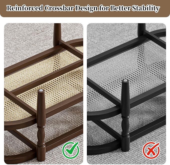 Rattan Coffee Table, Oval Cocktail Table with Glass Top and Solid Wood Frame, Boho Indoor & Outdoor Coffee Table, Walnut, 48 in