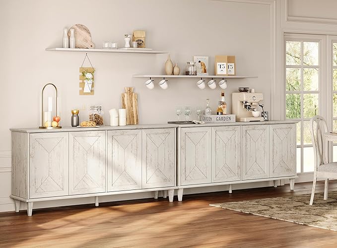 WAMPAT 130-inch Handcrafted Patchwork Decorative Buffet Cabinet with Pop-Up Design Doors,2-in-1 Large Modern Farmhouse Accent Credenza for Coffee Bar, Kitchen, and Living Room, Pale Oak