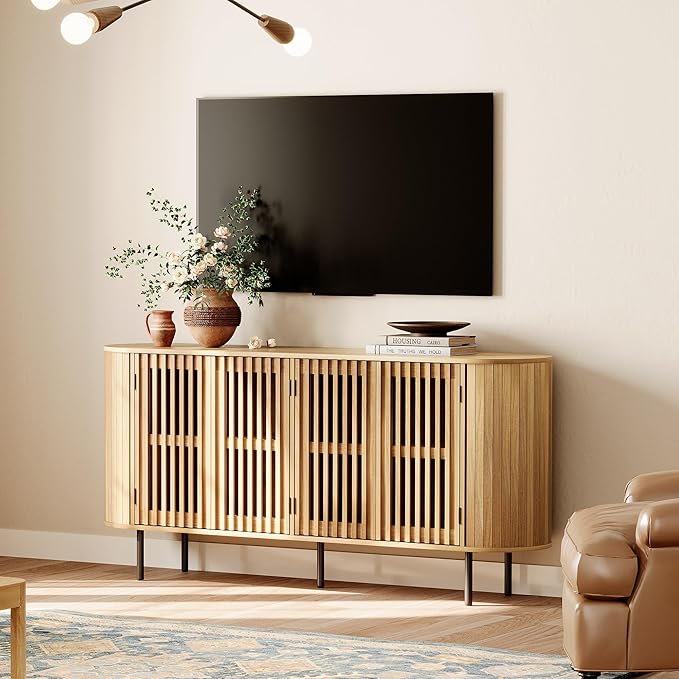 WAMPAT 66" Fluted Sideboard Buffet Cabinet,Wood Storage Cabinet with 4 Doors,Mid Century Modern Credenza for Dining Room, Living Room, Kitchen,Oak