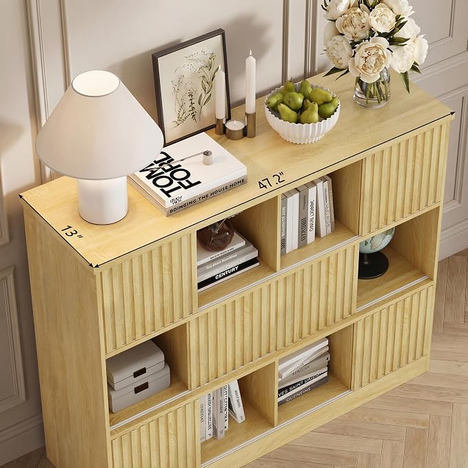 Einhomn 12 Cube Storage Organizer with Sliding Doors, Modern Fluted Bookshelf with Storage Cabinet, Wooden Bookcase with 6 Open Shelves for Living Room, Home Office, Bedroom, Natural