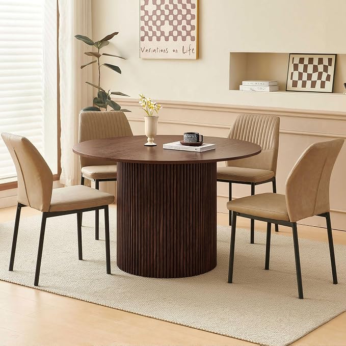 Dining Table Set for 4, 47" Wooden Round Kitchen Table with PU Leather Chairs for Kitchen Room and Small Spaces(Walnut Table + 4 Beige Chairs)