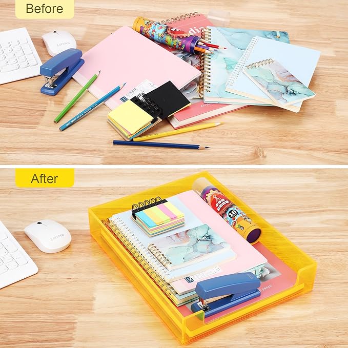 Paper Tray Acrylic File Organizer for Desk Letter Tray Desk Organizer Document Holder Sorter Storage for A4 Office Supplies Magazines, 13.8x10.6x2.4 Inches, Neon Yellow
