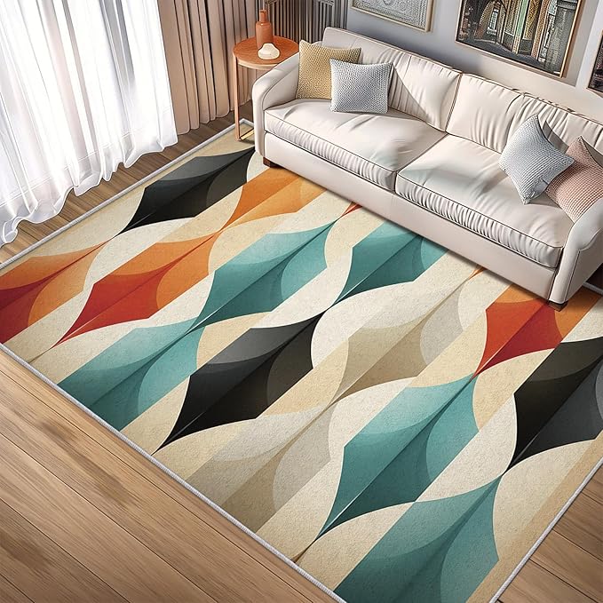 Geometric Rugs for Bedroom - Washable Mid Century Modern Rugs for Living Room - 6x8 ft - Abstract MCM Design Area Rug & Home Decor - Colorful Indoor Carpet with Non Slip Backing