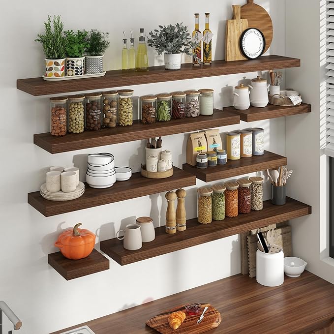 24 Inch Floating Shelves for Wall, 8 Inch Deep Floating Shelf for Storage & Display, Rustic Wall Mounted Shelf with Invisible Brackets for Living Room, Kitchen, Bathroom, Home Decor, Set of 2, Walnut