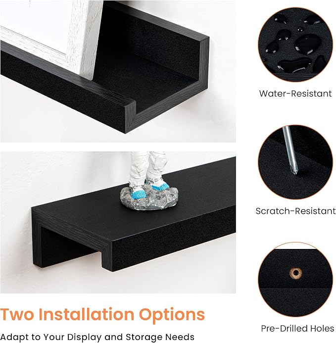 RICHFOCUS Picture Ledge Shelf, 72 inch Floating Shelves Set of 2, Wood Wall Shelves with Lip, Wall Decor Storage for Bedroom Living Room Bathroom Kitchen Nursery Photo Picture, Black