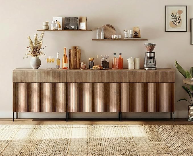 WAMPAT 94.5" W Large Sideboard Buffet Cabinet with Storage,3 in 1 Fluted Sideboard Buffet with 6 Doors, Wooden Buffet Table, Coffee Bar Wine Bar Cabinet for Dining Room, Living Room, Light Walnut
