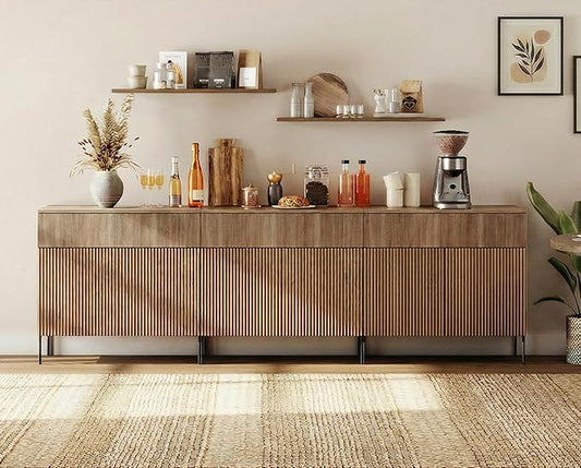 WAMPAT 94.5" W Large Sideboard Buffet Cabinet with Storage,3 in 1 Fluted Sideboard Buffet with 6 Doors, Wooden Buffet Table, Coffee Bar Wine Bar Cabinet for Dining Room, Living Room, Light Walnut