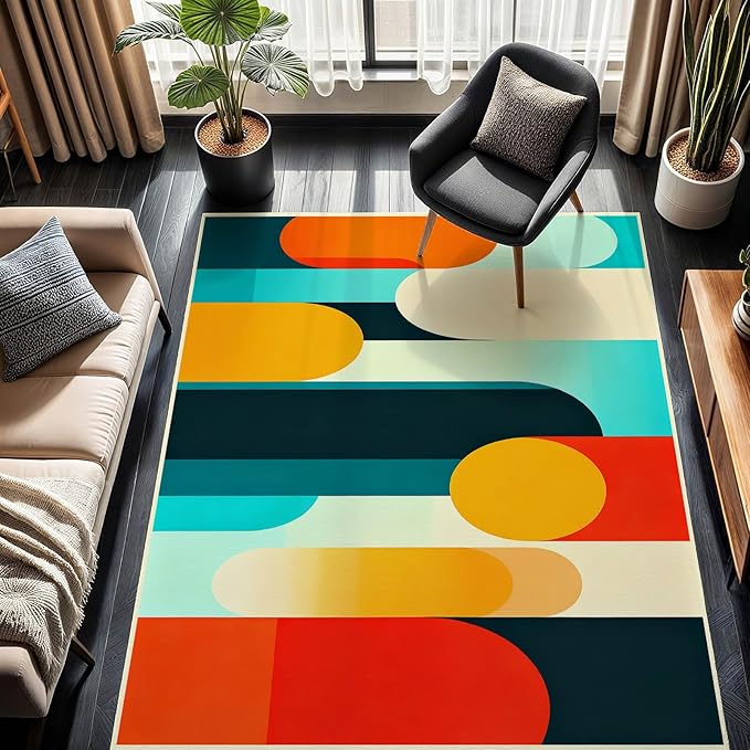 10x17 Geometric Area Rug, Modern Geometric Abstract Colorful Rug, Mid Century Modern Rugs, Colorful Abstract Rugs for Living Room, Washable Non Slip Soft Low Pile Carpet
