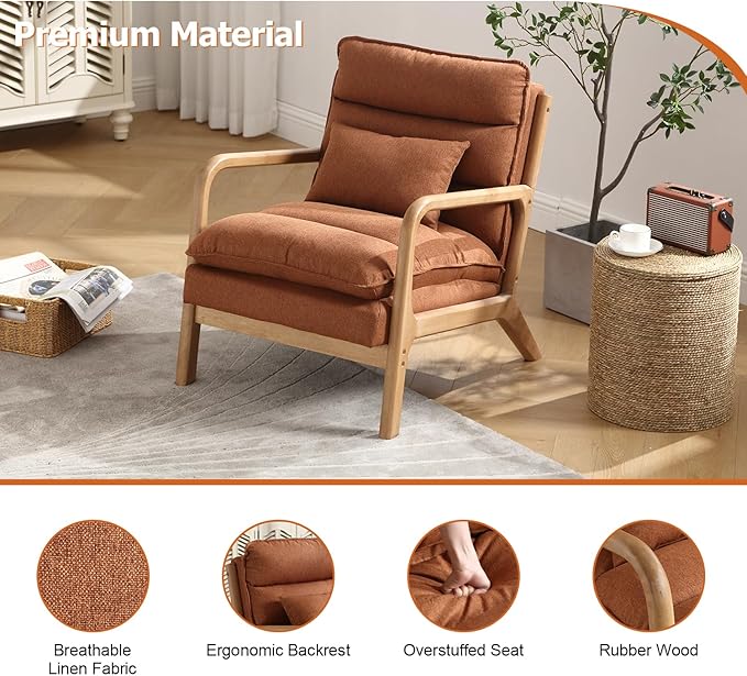 INZOY Mid Century Modern Accent Chair with Wood Frame, Upholstered Reading Armchair with Waist Cushion, Double Padded Accent Chair, Side Chair for Living Room Bedroom Office, Easy Assembly, Brown