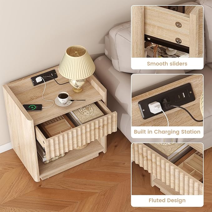 Bigbiglife Fluted Nightstand with Charging Station, 22" Modern Side Table with Drawer End Table with Open Storage, Bedside Table for Bedroom, Living Room, Natural Oak (1, Natural Oak)