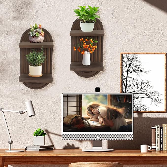 Qivine Boho Wall Shelf 2 Pcs 2 Tier Shelves for Room Wall Wood Floating Shelf with Arched Wood Design Wall Mounted for Living Room, Bedroom, Bathroom Decor (Brown, 2-Tier)