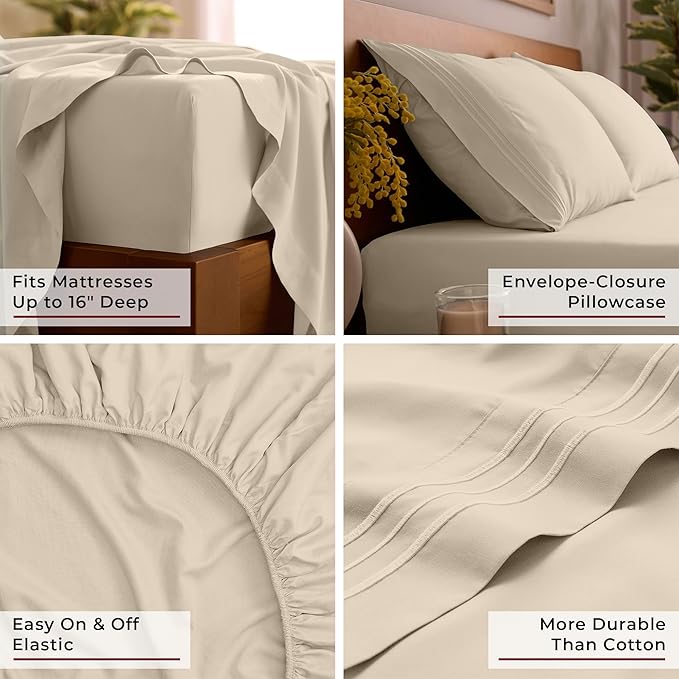 Mellanni Twin Sheets Set - 3 PC Iconic Collection Bedding - Hotel Luxury, Extra Soft, Cooling Bed Sheets - Wrinkle, Fade, Stain Resistant (Twin, Beige)