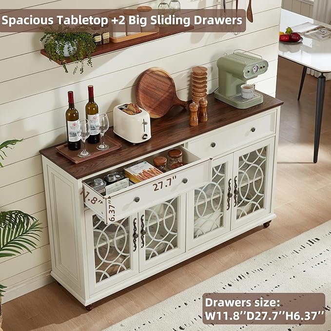 Farmhouse Sideboard Buffet Cabinet Set of 2 with Storage,59" Large Credenza with 4 Glass Door & 2 Drawers,Adjustable Shelves Console Table,Wood Kitchen Coffee Bar for Dining Room,White