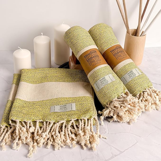 Hand Towels - Set of 2 | 18" x 30" - Decorative Turkish Hand Towel for Bathroom, Kitchen, Guest, Face, Hair, Tea, Dishcloth (Diamond, Yellow)