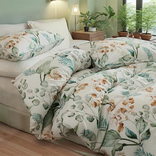 100% Cotton Duvet Cover King Size – Eucalyptus Botanical Print Green Floral Duvet Cover Set, 3-Piece Soft Breathable Natural Premium Cotton Bedding Set for All Seasons