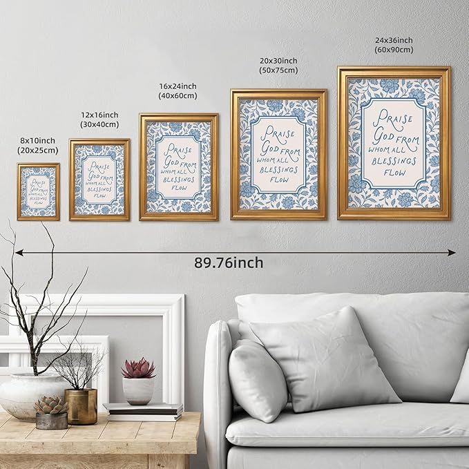 Framed Vintage Christian Wall Art Praise God From Whom All Blessings Flow Poster Light Blue Floral Scripture Print Retro Bible Verse Canvas Painting for Home Faith Based Decor 12x16inch