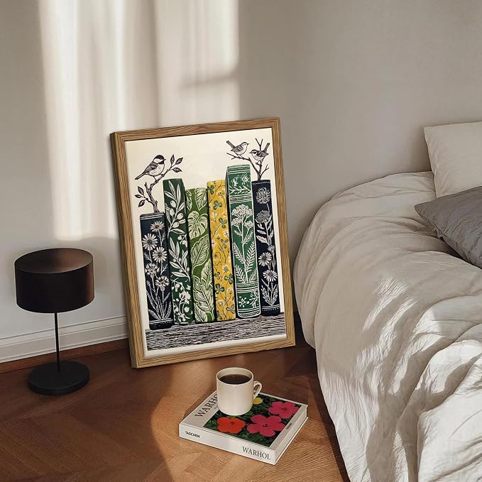 Framed Vintage Botanical Books Canvas Wall Art, Floral Books with Birds Poster Print, Retro Nature Library Reading Gift, Modern Literary Wall Decor for Study Living Room Office 16x24in