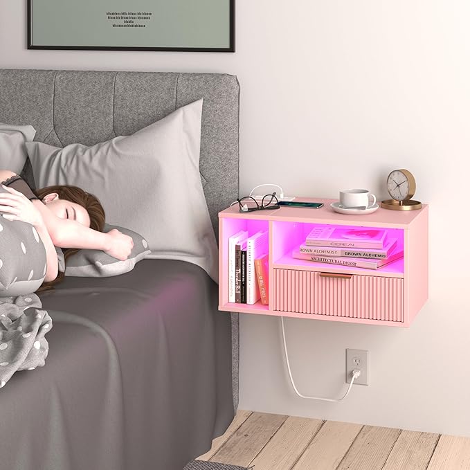 Pink Floating Nightstand with Charging Station and LED Lights,Pink