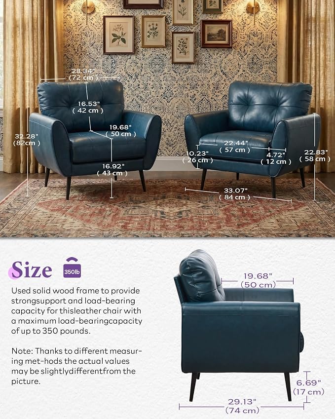 TYBOATLE Accent Chairs Set of 2, Comfy Modern Living Room Blue Faux Leather Reading Accent Chairs Tufted Mid Century Arm Chair Small Salon Chair for Office Bedroom (2, Blue)
