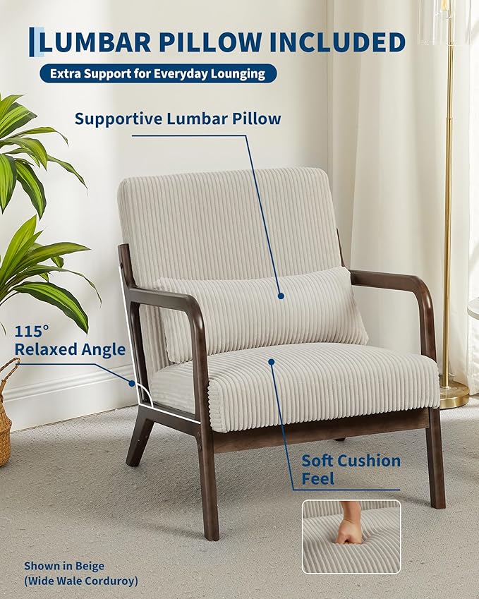 Garvee Mid-Century Modern Accent Chair, Fine Wale Corduroy Upholstery, Solid Wood Armchair with Removable Lumbar Pillow, Sturdy Reading Chair for Living Room, Bedroom, Guest Room, Easy Assembly, Beige