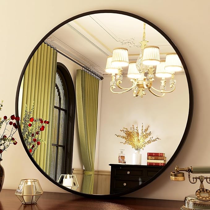 HARRITPURE Round Mirror 24 Black Wall Mounted Circle Mirrors Vanity Mirror with Brushed Aluminum Alloy Frame Modern Decoration for Bathroom, Living Room, Vanity, Bedroom, Entryway