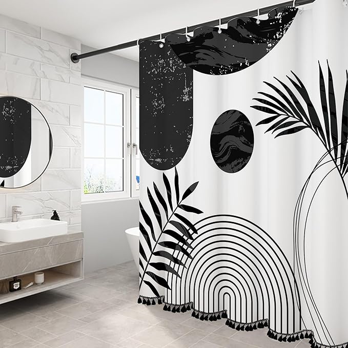 Boho Mid Century Leaf Shower Curtain Set,Arch Sun Design,Minimalistic Leaves Pattern,Waterproof and Luxurious Fabric-12 Hooks(Black-60" x 72")