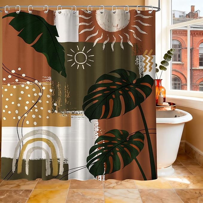 Mid Century Modern Shower Curtain Boho Abstract Tropical Leaf Shower Curtains for Bathroom Decor Sets, Waterproof Cloth Fabric with Hooks, 60x72 Inch