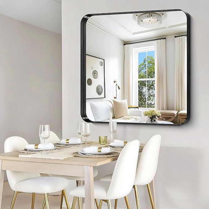 CIRCUMI Black Bathroom Mirror, 42"x42" Rectangular Mirror with Deep Metal Frame, Rounded Corner, Tempered Glass, Mirror for Wall, Oversink, Bedroom, Installed Vertically/Horizontally, Crystal-Clear