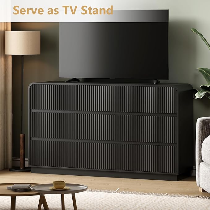 Black Dresser Fluted 9 Drawers Dresser for Bedroom, 59" Wide Wood Chest of Drawers with Hidden Handles & Rounded Corners, Modern TV Stand Storage Cabinet for Living Room, Hallway, Entryway