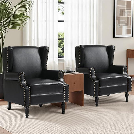 Faux Leather Wingback Chairs Set of 2, High Back Accent Chair, Comfy Upholstered Armchair with Nailhead Trim for Living Room, Single Sofa Reading Chair for Small Spaces, Bedroom-P Black