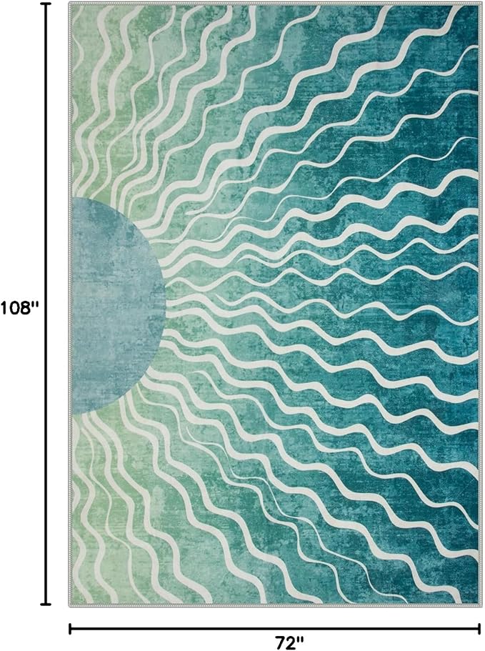 Wonnitar Sun Print Green Area Rug, Boho Washable 6x9 Area Rugs for Living Room, Non Shedding Soft Non Slip Modern Sage Green Carpet for Bedroom Dining Room Office, Teal/Multi