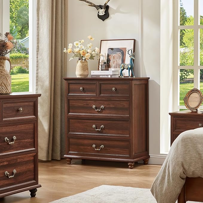 Farmhouse 5 Drawer Dresser for Bedroom, 35" Tall Rustic Chests of Drawers w/ 4 Solid Wood Feet, Mid Century Modern Wooden Closet Storage Dressers Organizer for Living Room, Hallway,Brown