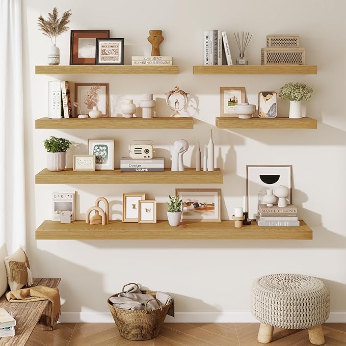 Fun Memories 48 Inch Floating Shelves for Wall - 12 Inch Deep Fireplace Mantel Shelf - Wood Floating Shelf for Wall - Large Storage Shelves Wall Mount for Living Room & Bedroom - Oak - Set of 2