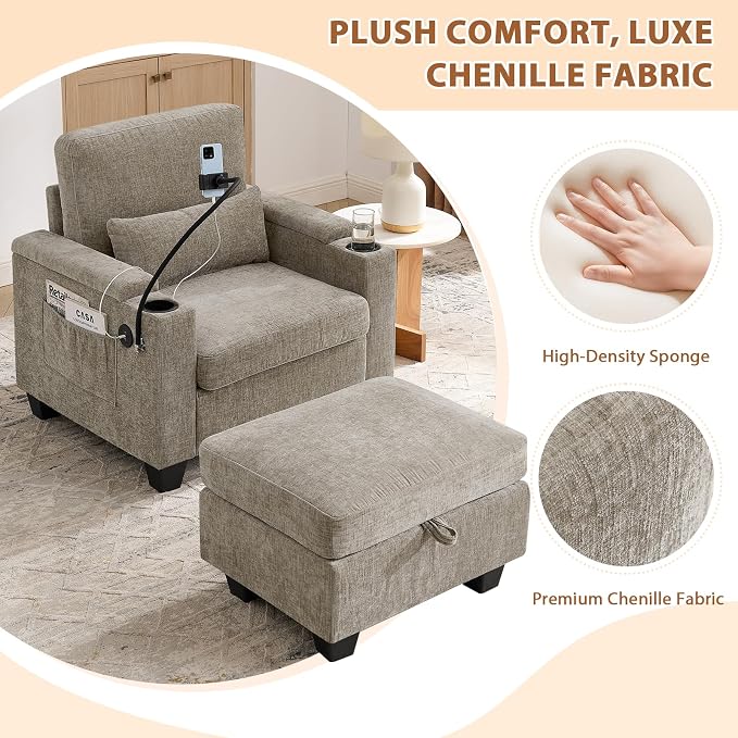 Oversized Chaise Lounge Chair Indoor, Single Convertible Recliner Reading Arm Sofa Chair W/Adjustable Backrest & Charging Port Couch Bed for Living Room, Home Theater & Bedroom, Brown