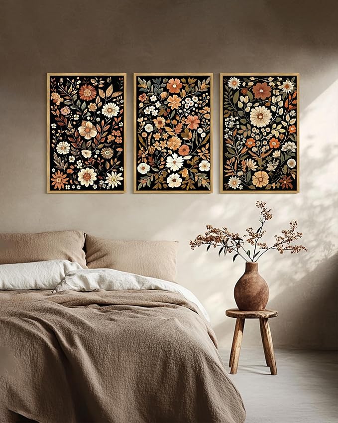 KUVIOKE Orange Vintage Flower Framed Wall Art Boho Floral Wall Decor Retro Wildflower Modern Art Prints for Living Room Bedroom 24x36in (Natural Framed)