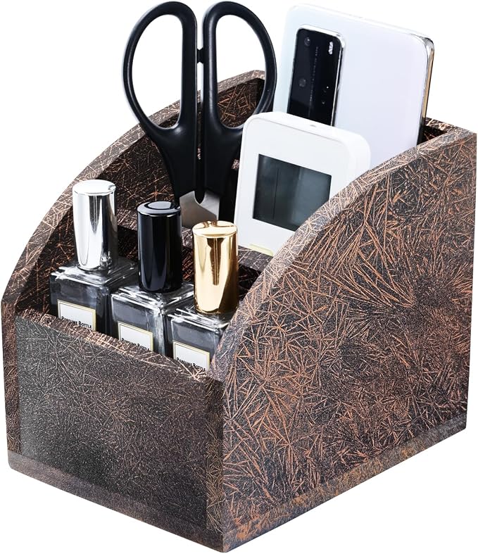Rustic Vintage Wooden Desk Organizer Farmhouse Wood Remote Control Caddy 3 Slot Tabletop Desktop Office Supply Storage Rack Desktop TV Remote Control Holder Home Decor Office Supplies (Metallic color)
