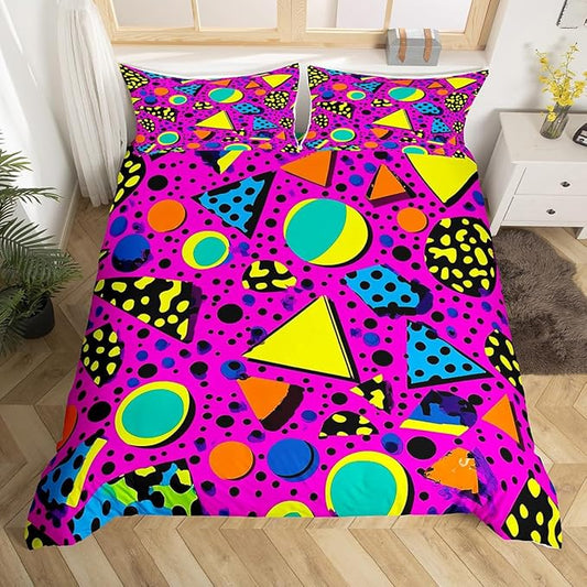 80S 90S Bedding Set Queen Size,Geometric Pattern in Retro Style Duvet Cover Eighties Memphis Comforter Cover Geometric Abstract Colorful Design With Dots Funky Quilt Cover Fashion 1980S Home Decor