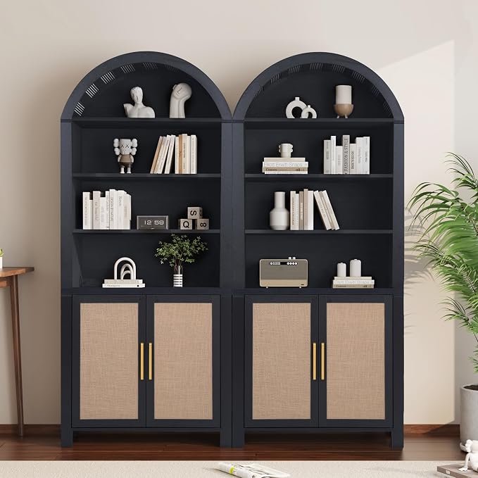 Janmer Home 71" Tall Arched Bookcase with Storage, Modern 6-Tier Arch Cabinet with Door, Arched Bookshelf Cabinet with Open Display Storage Shelf for Living Room (Black,)