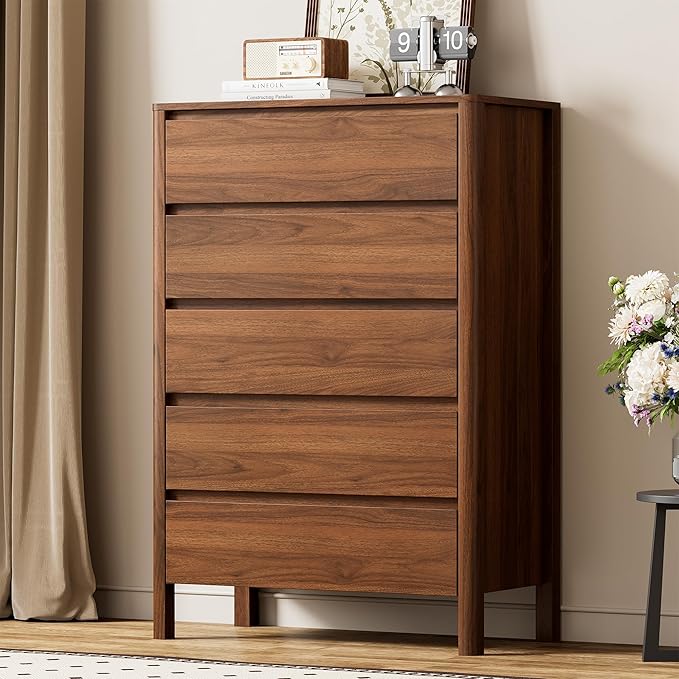 45" Tall Mid-Century Modern Dresser for Bedroom, 5 Drawer Chest of Drawers with Solid Wood Legs, Large Storage Tall Dresser, Walnut